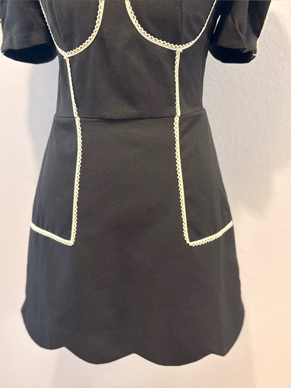 Black Contrast Trim Puff Sleeve Mini Dress Size S - Picture 7 of 7
